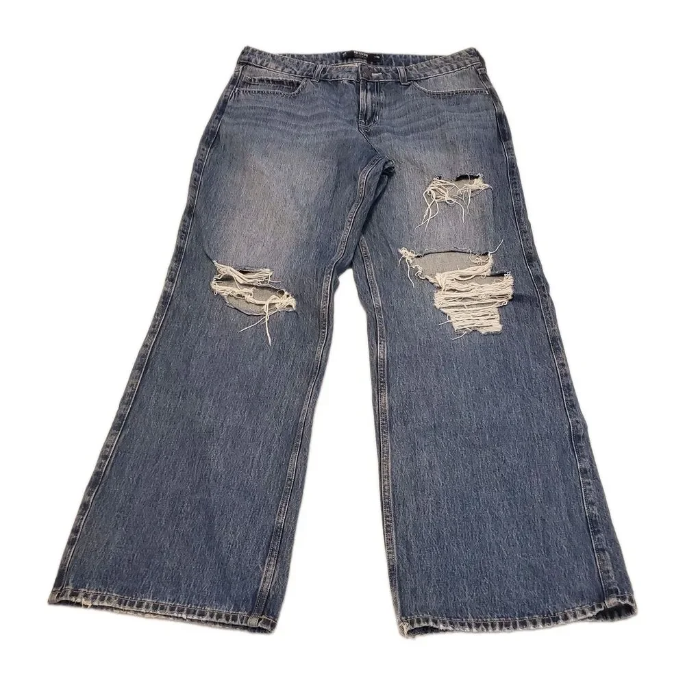 Hollister Low-Rise Baggy Jeans Sz 10R Distressed Blue Denim Ripped Thrashed